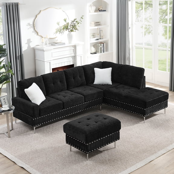 LifeSky Family Sectional Sofa for Living Room: 4-Seat L-Shaped Couch with Chaise & Storage Ottoman - 300lb/Seat Capacity Black Chenille Fabric Metal Legs