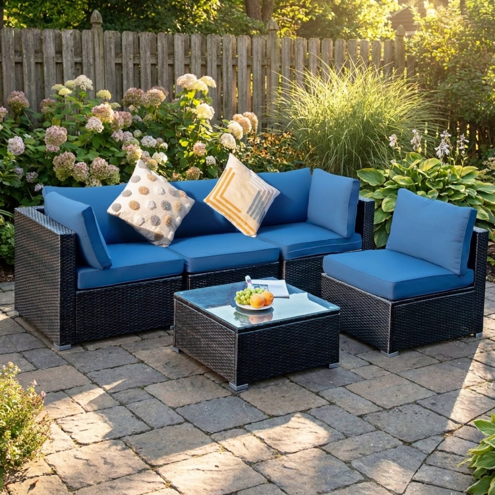 Biotree Patio Furniture Set 5 Piece Cushioned Rattan outdoor sectional with glass table outdoor conversation set for garden backyard porch, Navy