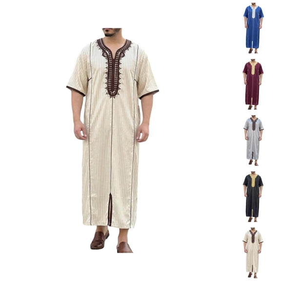 Thobe for Men Short Sleeve Loose Fit Mens Kaftan Thobe Islam Middle East Kaftan Dresses Dubai Clothes