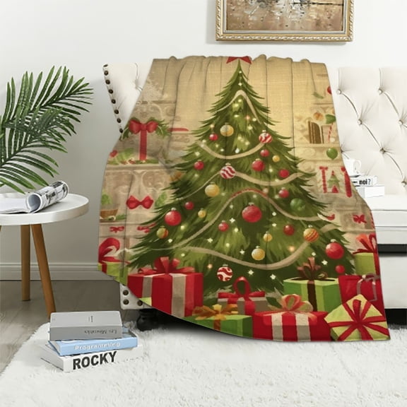 Autua Christmas Tree Presents Warm Lightweight Soft Fleece Throw Blanket Flannel Fabric Gift Blanket All Seasons Sofa Decor Cow Theme 40x50in