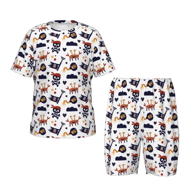 Fotbe Pirate Theme Pijama Estampada de 2 Piezas para Niños – Ropa de Dormir de Manga Corta Cómoda para Niños y Niñas, Camiseta y Shorts de Algodón-Large