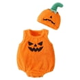 thumbnail image 4 of CUZIBR Baby Girls 2 Piece Halloween Pumpkin Costume Sleeveless Fuzzy Funny Face Print Embroidery Romper Matching Pumpkin Hat Newborn Infant Cosplay Outfit,Red-f,3-6 Months, 4 of 5