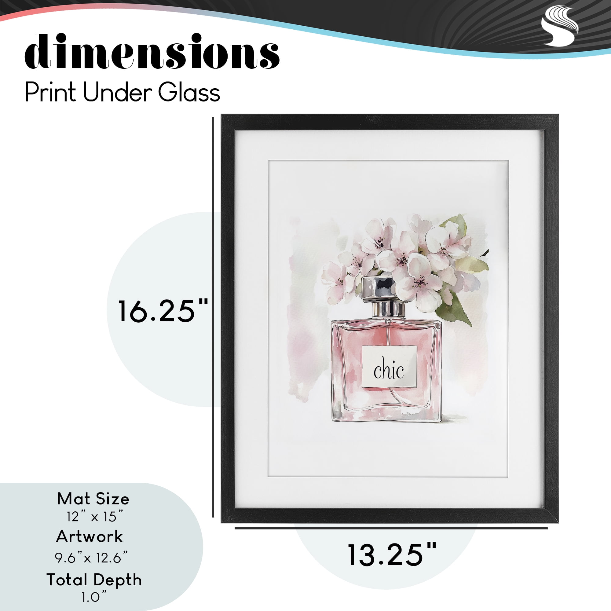 Cherry Blossom Chic Perfume Black Framed Print Under Glass, design by Christine Simpson Art