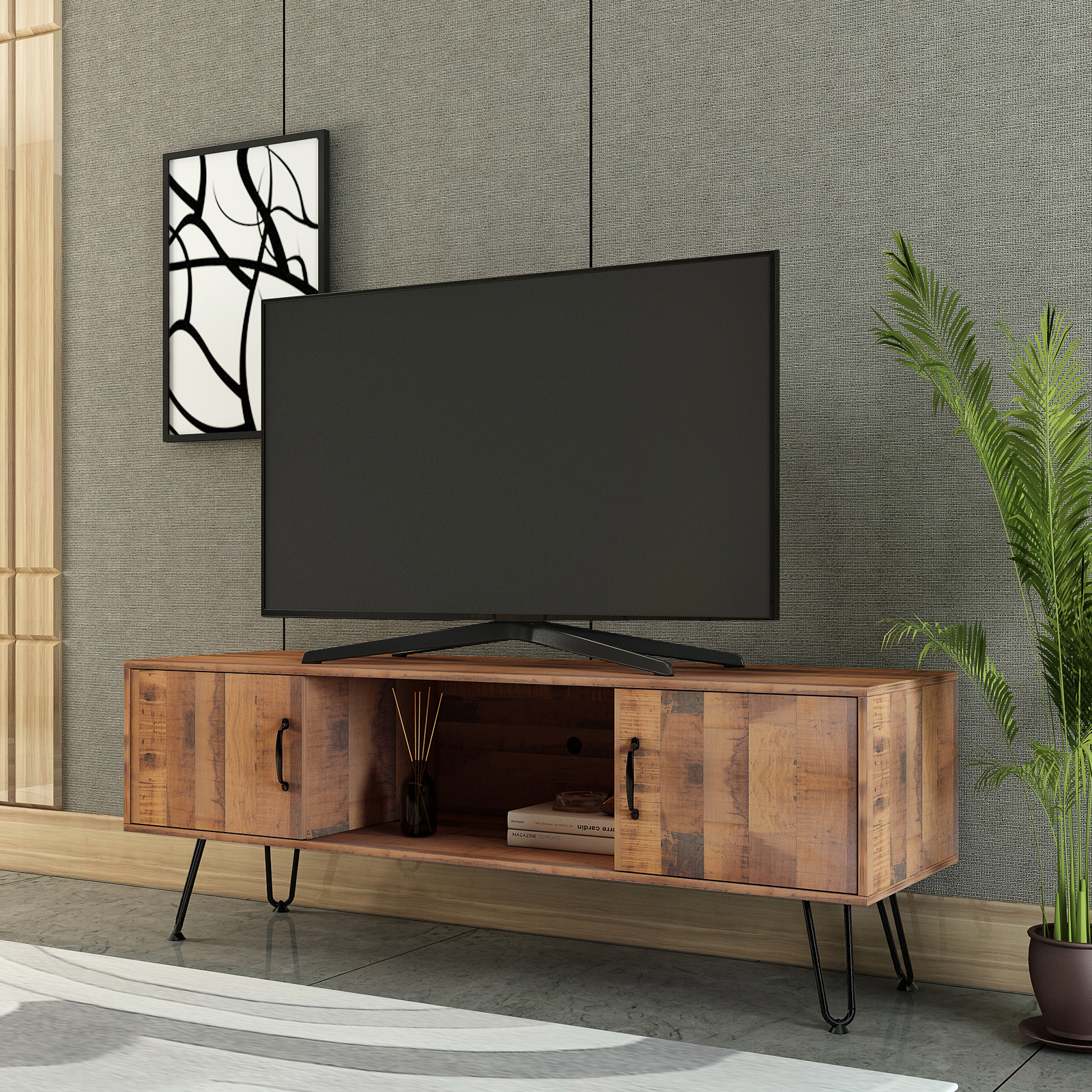 Modern Industrial Style TV Stand, 60" Wide Living Room Entertainment Center, Storage Shelves and