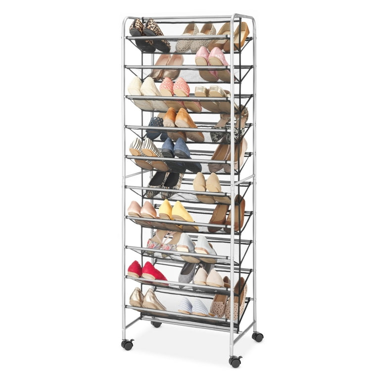 Mainstays 10 Tier 60 Pair Metal and Mesh Rolling Shoe Rack