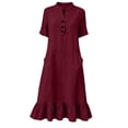 thumbnail image 5 of Ynynloco Women's Summer Cotton Linen Half Sleeves Button Down Casual Loose Ruffle Midi Dress with Pockets, 5 of 8