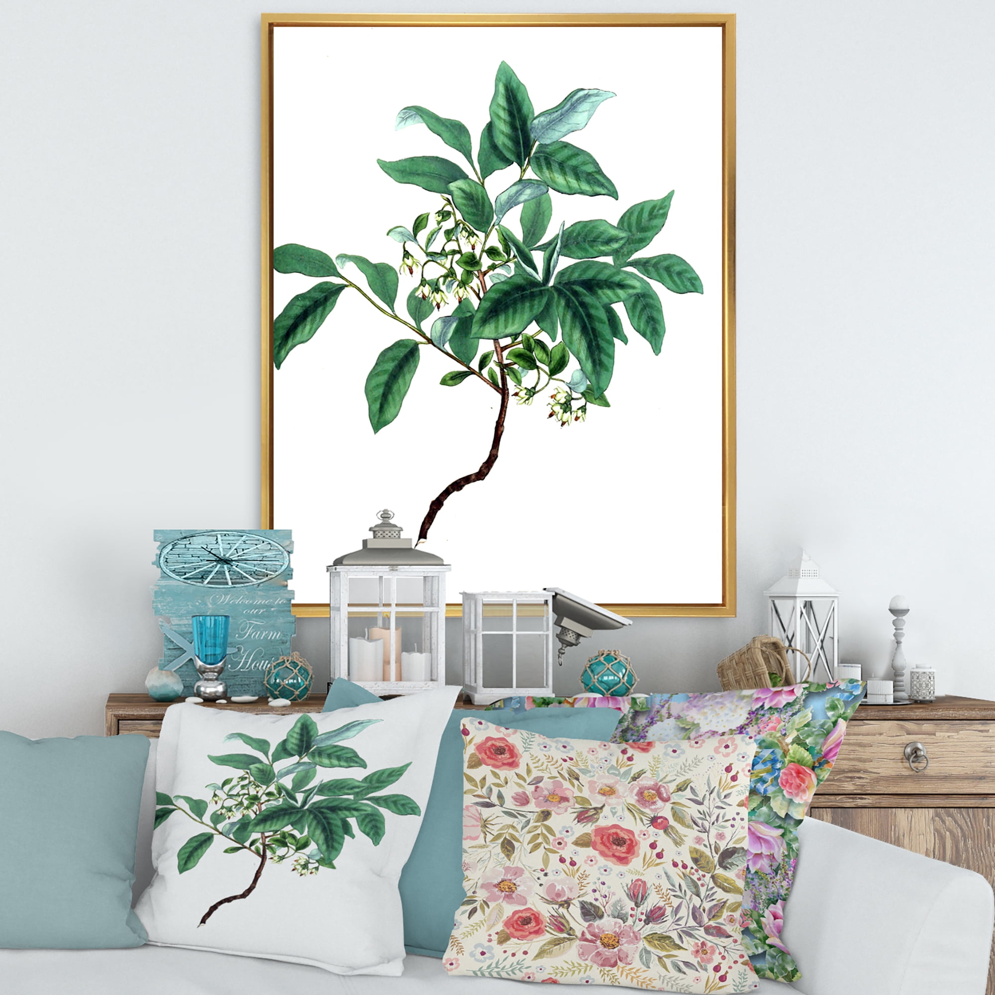 Designart 'Ancient Green Leaves Plants IV' Traditional Framed Canvas Wall Art Print
