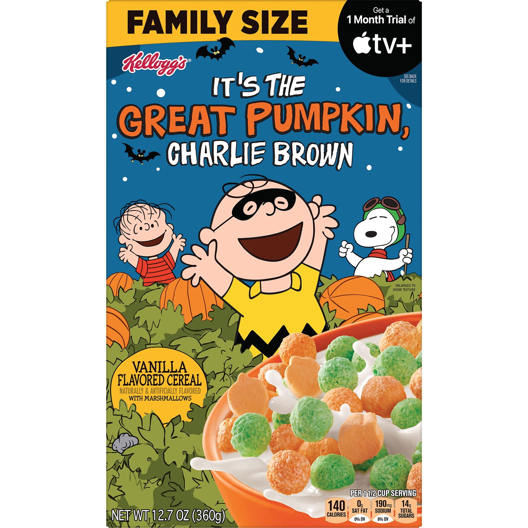 Kellogg's Charlie Brown Cold Breakfast Cereal, Halloween Cereal, Family Breakfast, Family Size, Vanilla Flavored, 12.7oz Box (1 Box)