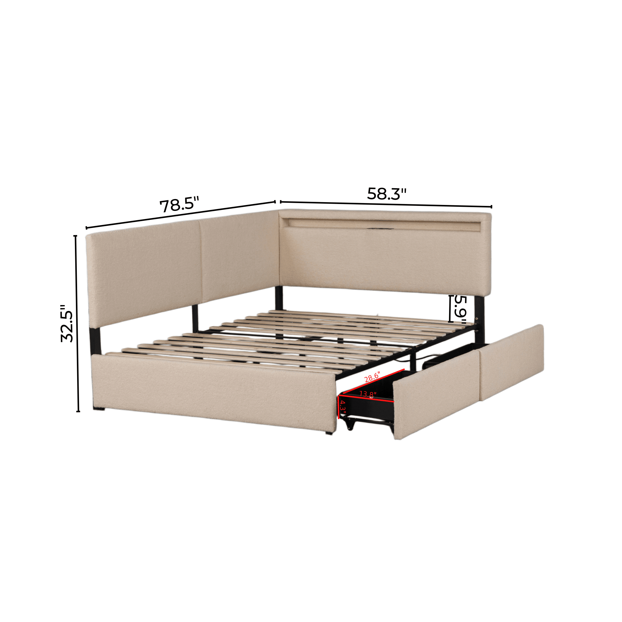 Leumius Full Size Boucle Daybed Frame, Upholstered Cloud Bed Frame with Headboard, 2 Storage Drawers, LED light and USB Charging Design, Solid Wood Legs and Slats for Bedroom Guest Room Beige