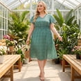 thumbnail image 3 of GRACE & GRANDEUR Women's Plus Size Floral Dress Boho Chiffon V Neck Flare Short Sleeves Smocked Waist Summer Midi Dresses 2X Green, 3 of 8