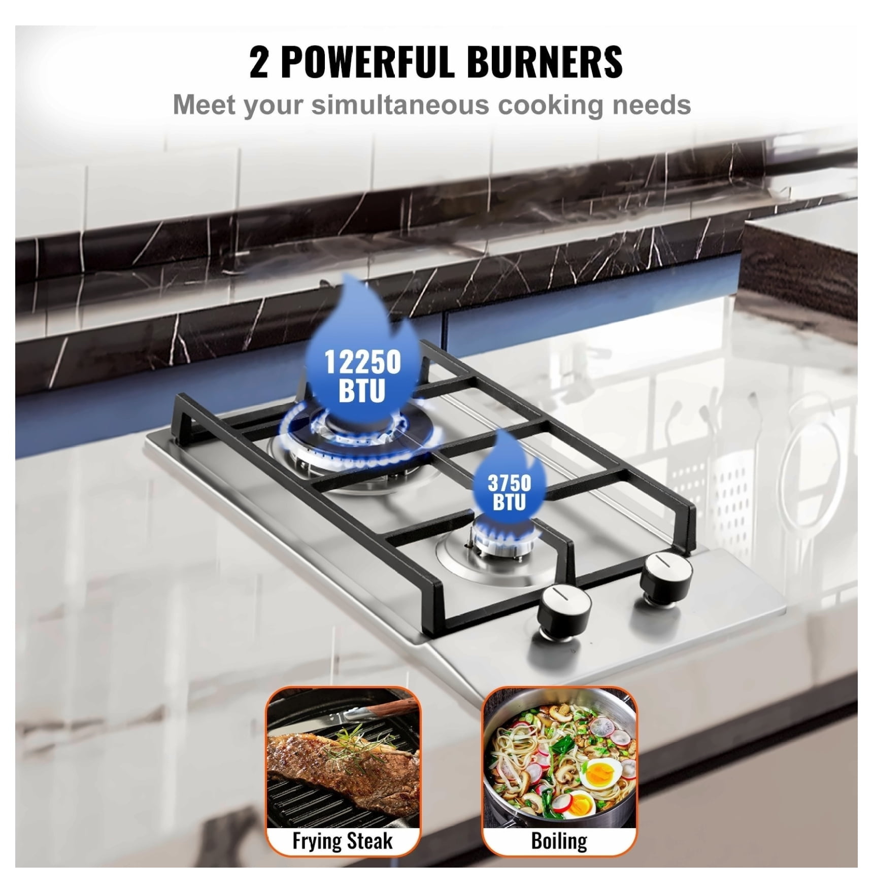 Gas Cooktop 12 Inch, 2 Burner Stainless Steel Gas Stove Top, 12250BTU LPG/NG Convertible Built-in Gas Hob with Thermocouple