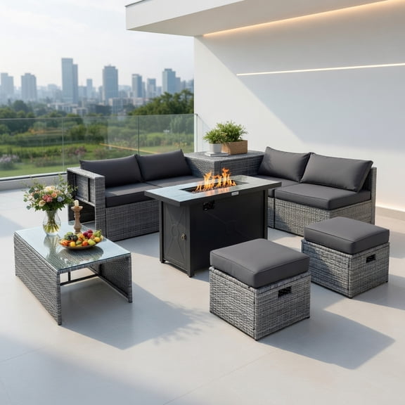 Topcobe 9 Pieces Patio Furniture Set with 42 Inches 60000 BTU Fire Pit, Outdoor Patio Furniture, Gray