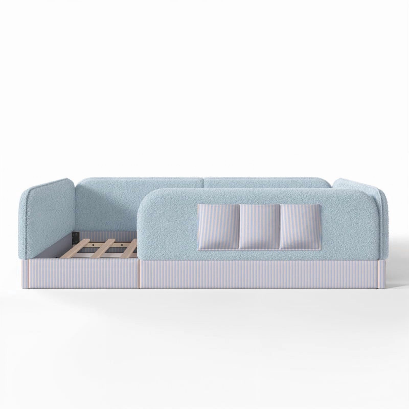 Queen Size Kid's Upholstered Floor Bed Frame, Montessori-Style Low Profile Platform Bed with Safety Guardrail & Storage Pockets