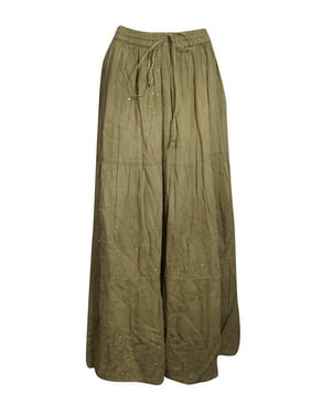 Mogul Women Green Cotton Embroidered Skirt Retro 70s Chic Fashion Long Bohemian Gypsy Skirts SM