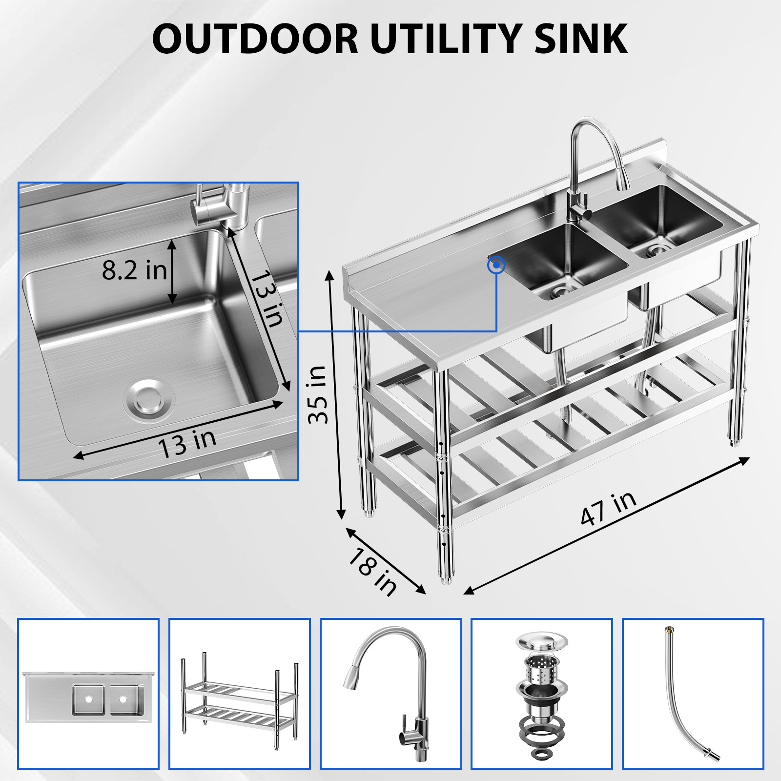 WPOND 47" Freestanding Utility Sink with Hot and Cold Faucet, Stainless Steel Sink with Workbench, Commercial Kitchen Double Bowl Sink for Garage, Restaurant, Kitchen, Laundry, NSF Certified