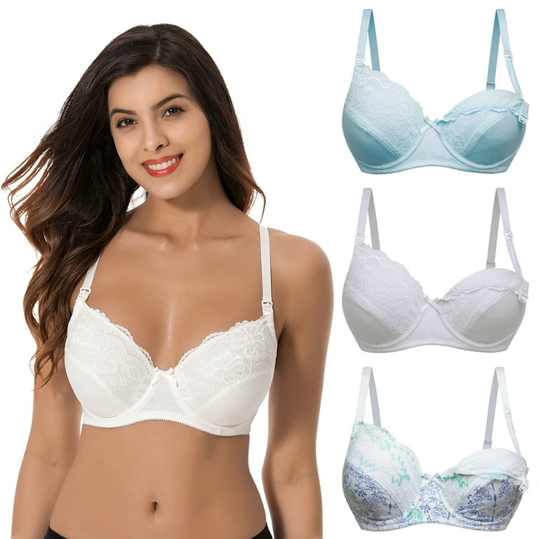 Curve Muse Plus Size Nursing Underwire Bra with drop-down cups (Pack of  3)-WHITE PRINT,LIGHT BLUE,CREAM-40D