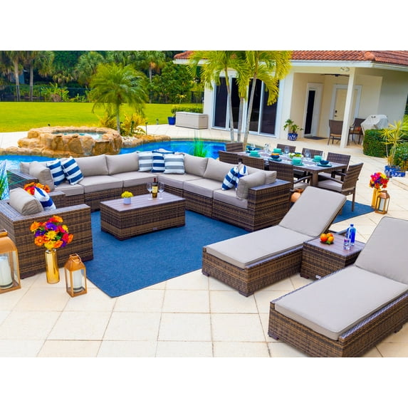 Sorrento 21-Piece Resin Wicker Outdoor Patio Furniture Combination Set in Brown w/ Sectional Set, Eight-seat Dining Set, and Chaise Lounge Set (Flat-Weave Brown Wicker, Polyester Light Gray)