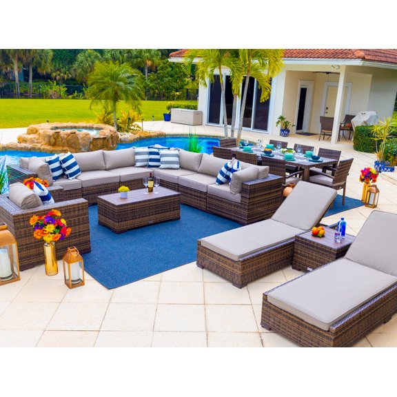 Sorrento 21-Piece Resin Wicker Outdoor Patio Furniture Combination Set in Brown w/ Sectional Set, Eight-seat Dining Set, and Chaise Lounge Set (Flat-Weave Brown Wicker, Polyester Light Gray)