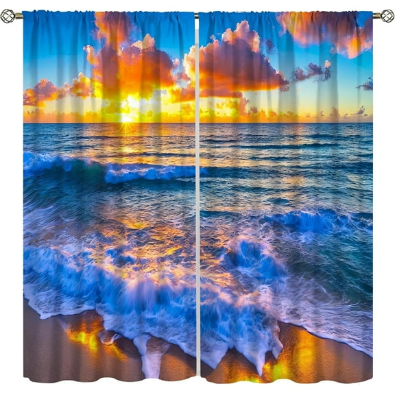 Ocean Beach Curtains,Sunset Scenery Tropical Ocean Coast Nature Landscapes Print Window Treatments Drapes for Bedroom Kitchen Bathroom,2-Panel Set & Rod Pocket84x84in