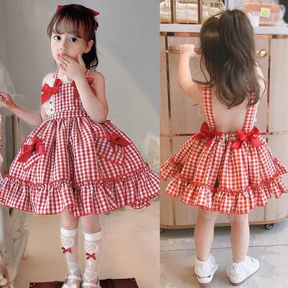 Toddler Baby Girls Dress Sleeveless Plaid Sundress Adorable Bow Lolita Princess Dress Fashion Clothes for Little Girls 3-8Years