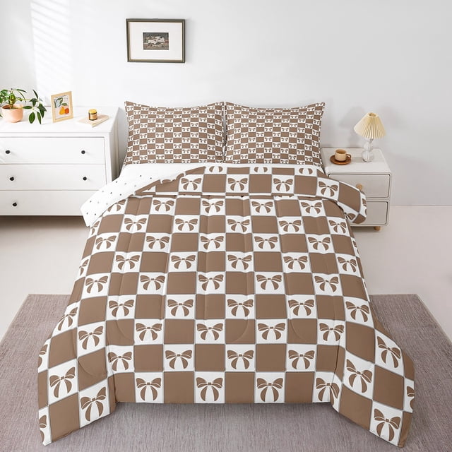 Erosebridal Brown Checkered Comforter Sets, Kawaii Bow Comforter Sets, Geometry Grid Room Decor, Reversible 2-Piece