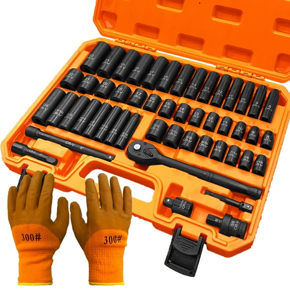 50pcs/set Standard SAE (5/16 To 3/4 Inch) And Metric (8-22mm) Size Cr-V 3/8-Inch Drive Ratchet Handle Drive Extension Bar 3/8" Drive Impact Socket Set,with Gloves