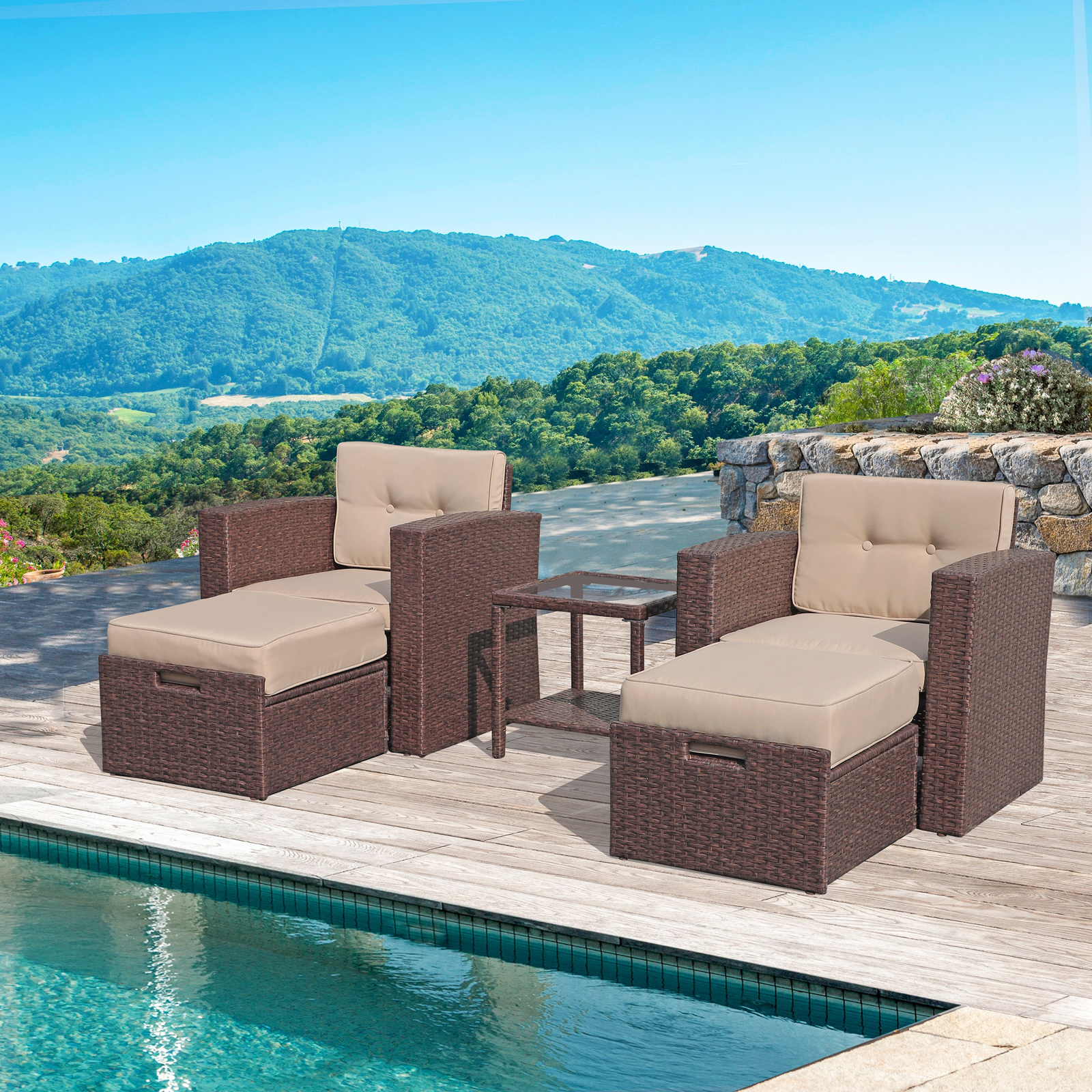 JOIVI 5 Pieces Patio Furniture Set, Outdoor Brown PE Rattan Wicker Patio Conversation Set, Lounge Chairs with Cushioned Ottoman and Tempered Glass Side Table - image 4 of 9