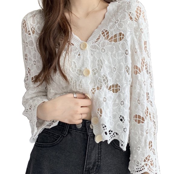 Women Retro Crochet Short/Long Sleeve Cardigan Hollow Out Knitted Floral Buttons V-Neck Sweater Coat Scalloped Trim Loose Cropped for Jacket Outwear
