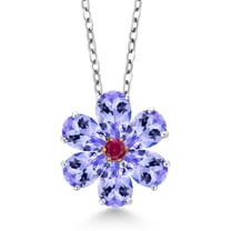 Gem Stone King 925 Sterling Silver and 10K Yellow Gold Blue Tanzanite and Red Created Ruby Pear Shape Flower Pendant Necklace for Women (2.73 Cttw, Gemstone Birthstone, with 18 inch Chain)