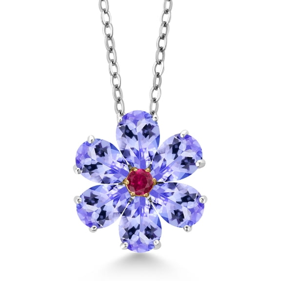 Gem Stone King 925 Sterling Silver and 10K Yellow Gold Blue Tanzanite and Red Created Ruby Pear Shape Flower Pendant Necklace for Women (2.73 Cttw, Gemstone Birthstone, with 18 inch Chain)
