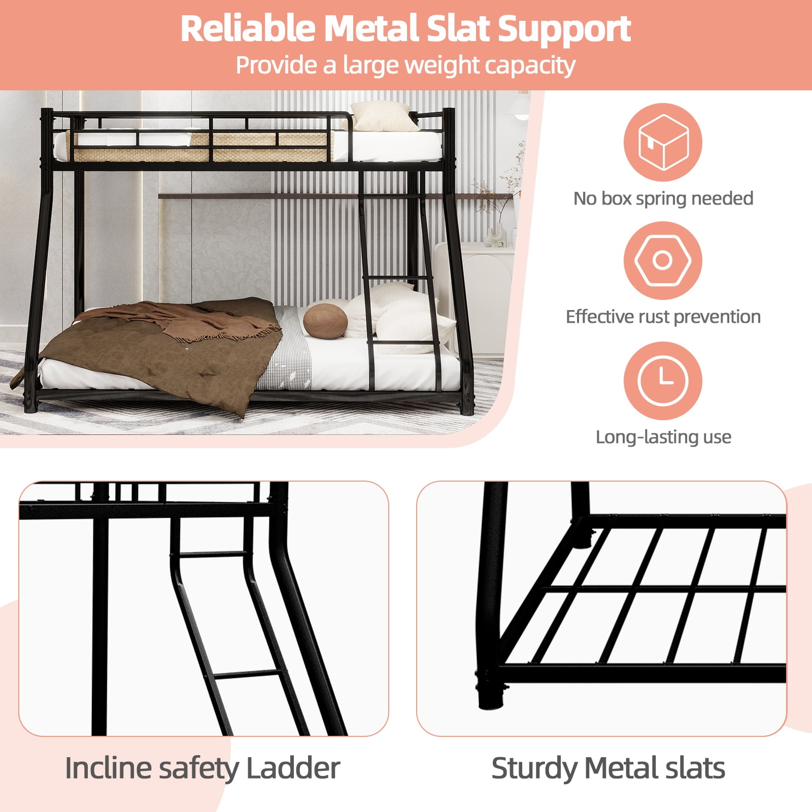 Mintazer Twin Over Full Bunk Bed, Metal Bunk Bed Frame with Guardrails and Ladder for Kids Teens Bedroom Dorm Apartment, Black
