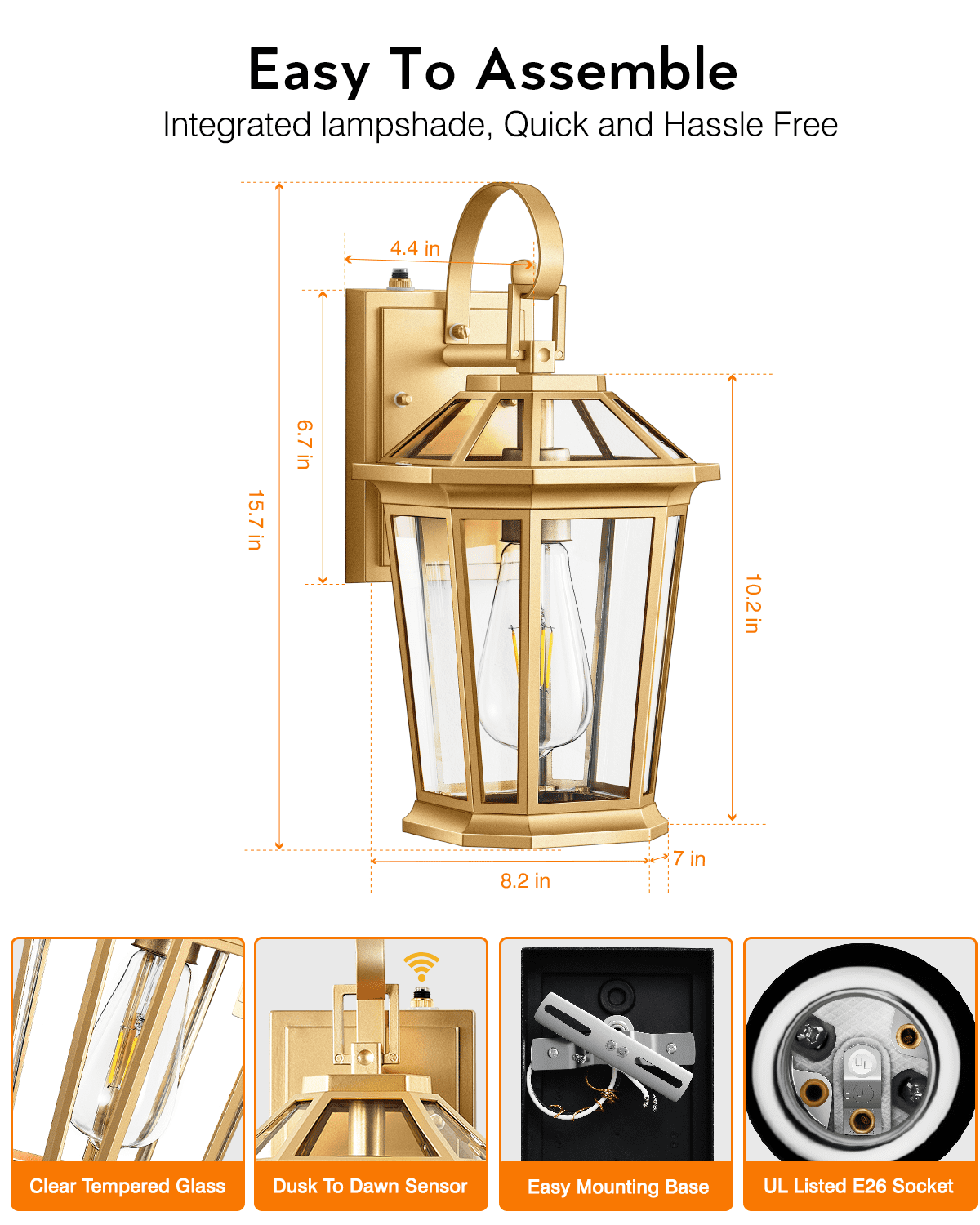 VIANIS Dusk to Dawn Outdoor Lanterns, Modern Golden Wall Light Fixtures, 100% Aluminum Waterproof Gold Porch Light for House Patio