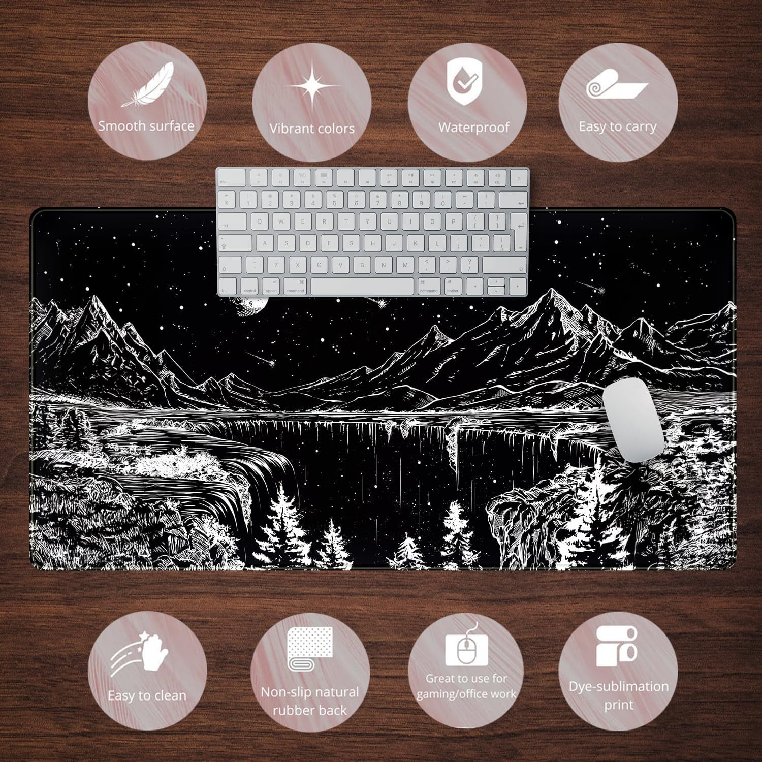 Black and White Desk Mat Dark Nature Forest Mouse pad XXL Starry Night Mountain Desk pad Aesthetic Moon and Stars Mousepad XXL for Laptop Computer Mouse Gaming Keyboard Mat, 31.5 X 15.8 in