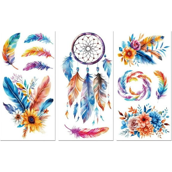 Rub on Transfer Decals for Furniture Crafts Decor Colorful Feathers Dreamcather Flowers 6"x12" 3Pcs Waterproof UV Transfer Decals Sticker for Dresser Glass Porcelain Wood Plastic
