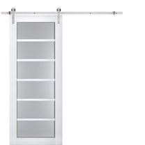 Sturdy Barn Door Frosted Glass | Veregio 7602 White Silk | 6.6FT Rail Hangers Heavy Hardware Set | Solid Panel Interior Doors-30" x 96"-Silver Rail