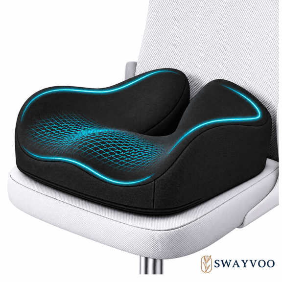 Swayvoo Contoured Memory Foam Seat Cushion for Office Chair & Car Seat – Sciatica, Tailbone & Back Pain Relief Support Cushion Black
