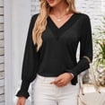 thumbnail image 5 of ATOYSOY Long Sleeve Business Tees Loose Lace Crochet Shirts for Women Casual Elegant Cotton Linen Outwear Fall Patchwork Tops Ruffle Trendy V Neck Pullovers Black L, 5 of 8