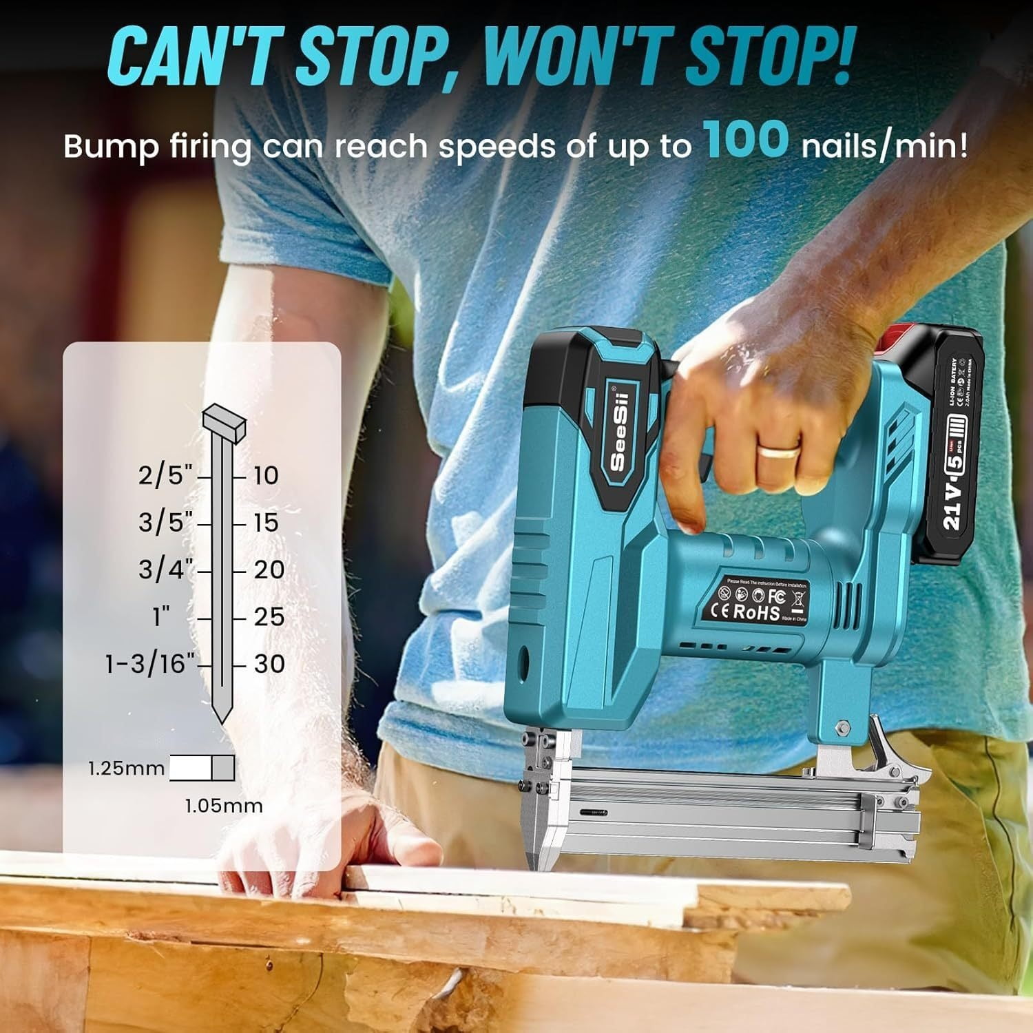SEESII Cordless Nail Gun 18G Brad Nailer, 2-in-1 Electric Stapler, 2x2.0Ah Battery, 1000 Brad Nails