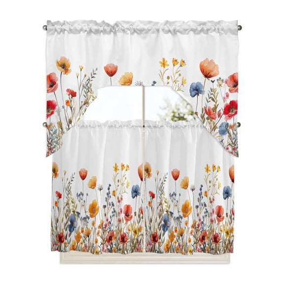 Yellow Red Blue Spring Floral Kitchen Curtains Swag Valance and Tier Curtains Set 36 Inch Length, Summer Botanical Flowers Rod Pocket Drape Panels Pair Swag Curtains for Bathroom/Cafe/Window