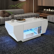 Hironpal 42" White Modern Coffee Table for Living Room, High Glossy Wooden Living Room Table with Storage, Led Rectangular Coffee Tables with 2 Drawers, Wood Center Table for Reception Dinning Room