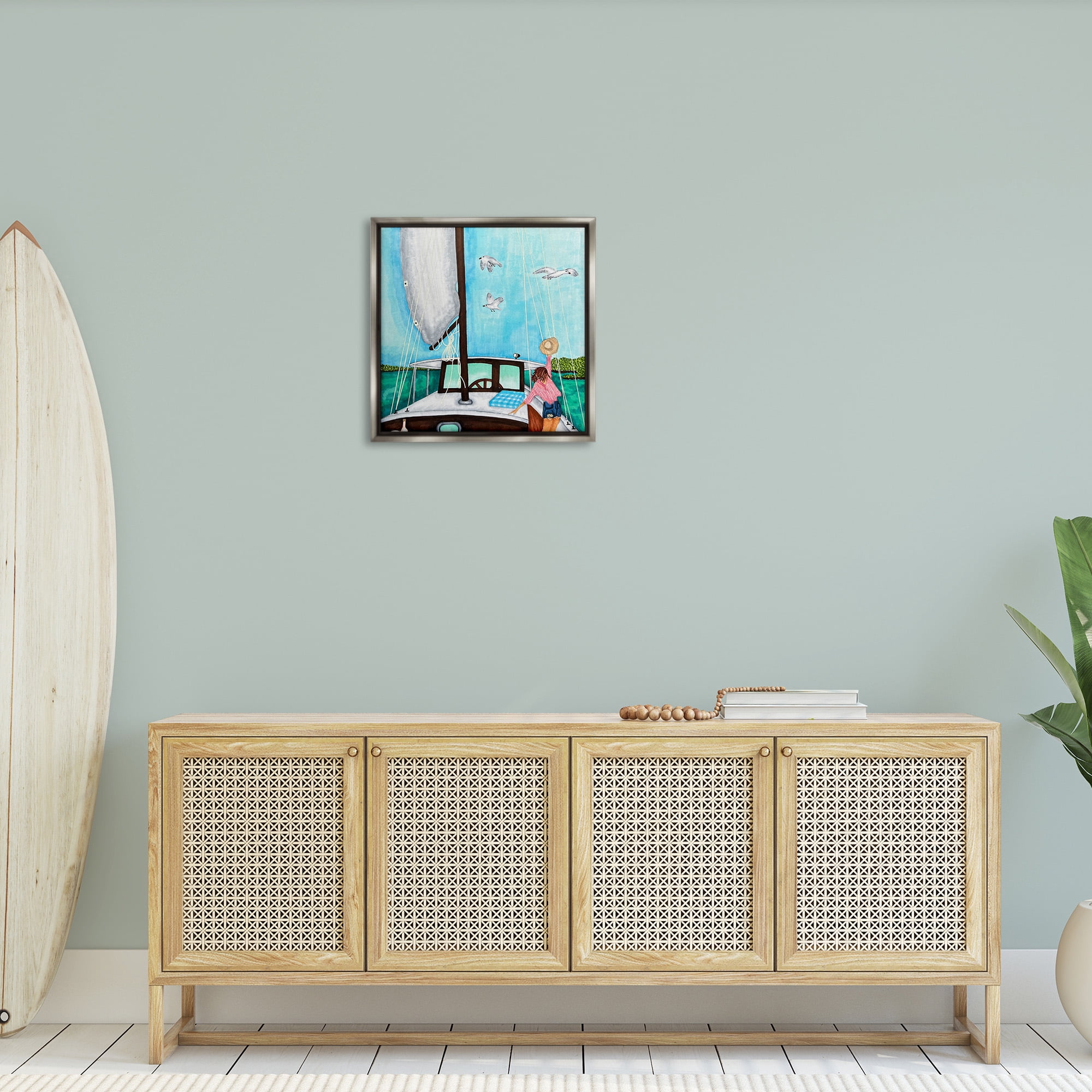 Stupell Industries Girl on Boat Scene Transportation Painting Gray Floater Framed Canvas Art Print Wall Art, 25 x 25