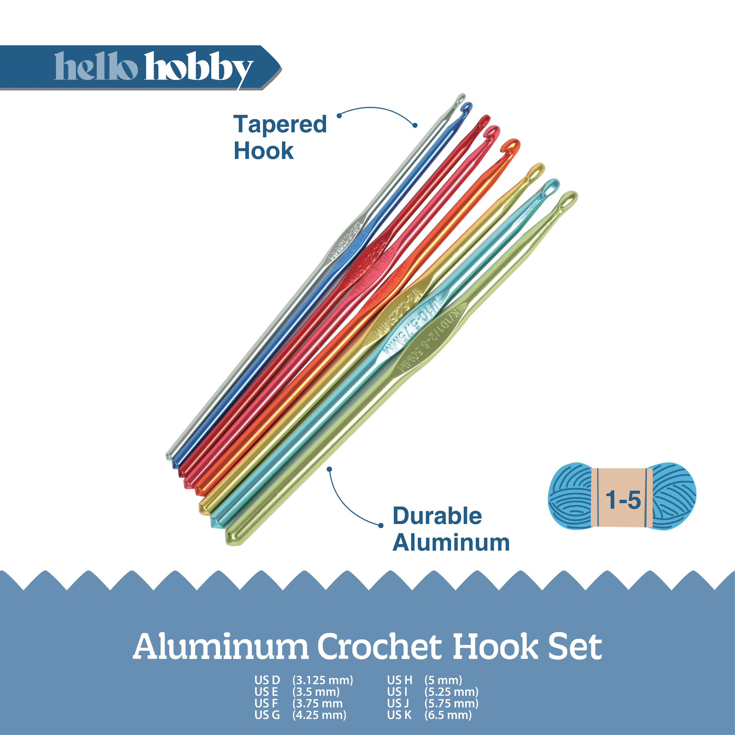 Hello Hobby Aluminum Crochet Hooks, Sizes D-K, 8-Piece Set