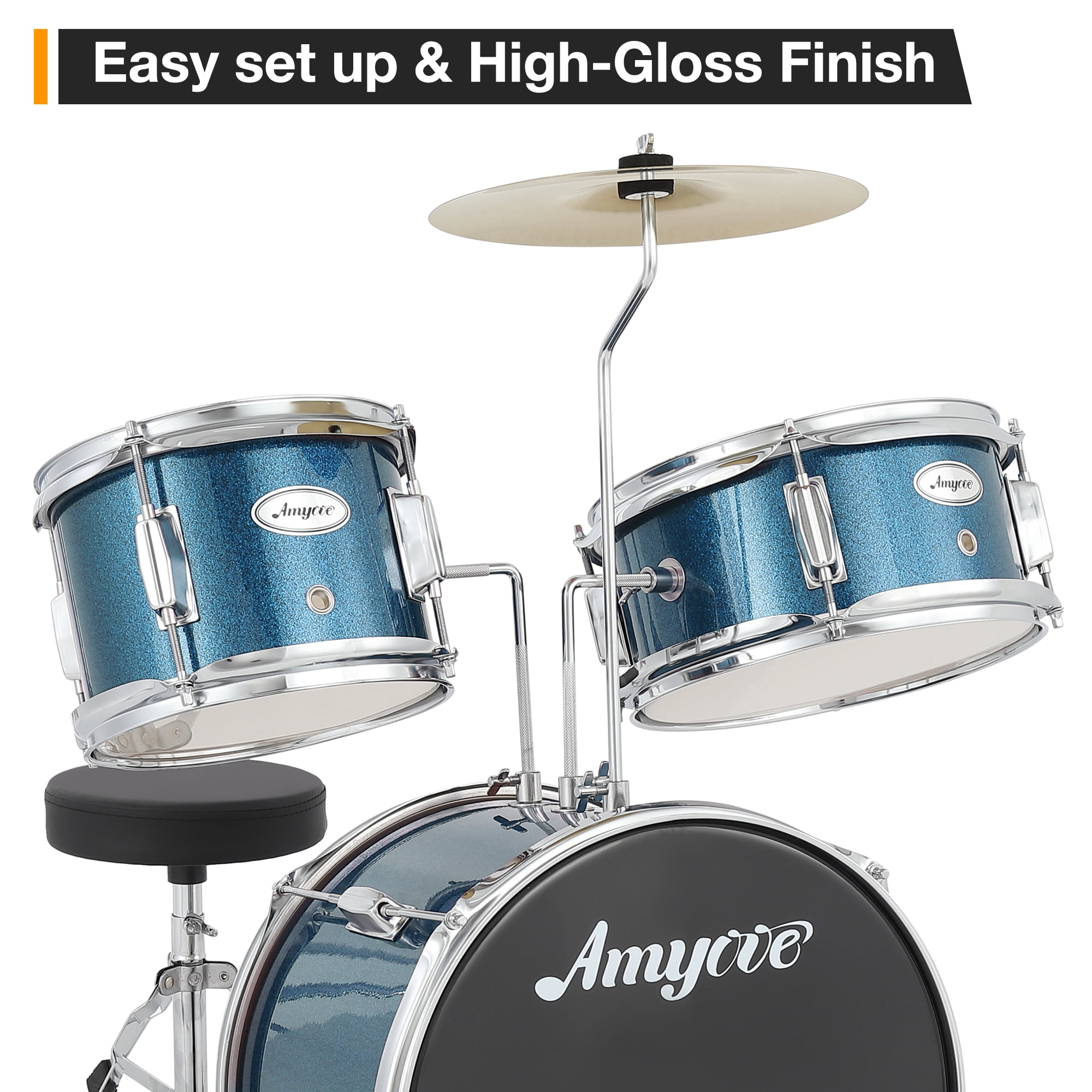 3 Piece Kids Drum Set, Junior Drum Set for Beginners with Bass Tom Snare Drum, 14.76 Inch Drum Kit with Snare, Cymbal, Drumsticks, Adjustable Seat (Blue)