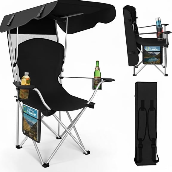 Folding Camping Chair with Canopy, 600D Oxford Beach Chair with UV Sun Shade, Cup Holder & Storage Pocket, Lightweight Portable Outdoor Chair for Beach, Camping, Fishing, Picnic & Patio