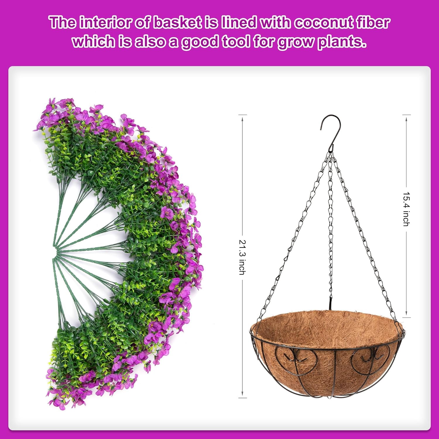 Artificial Flowers Hanging Basket for Outdoor Indoor Spring Decoration,Fake Silk Colorful Daisy Eucalyptus in Metal Coconut Lining Flowerpot Arrangement for Patio Yard Decor(Purple)