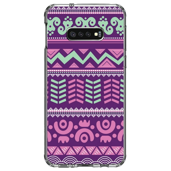 DistinctInk Clear Shockproof Hybrid Case for Samsung Galaxy S10e (5.8" Screen) - TPU Bumper, Acrylic Back, Tempered Glass Screen Protector - Pink Green Aztec Tribal
