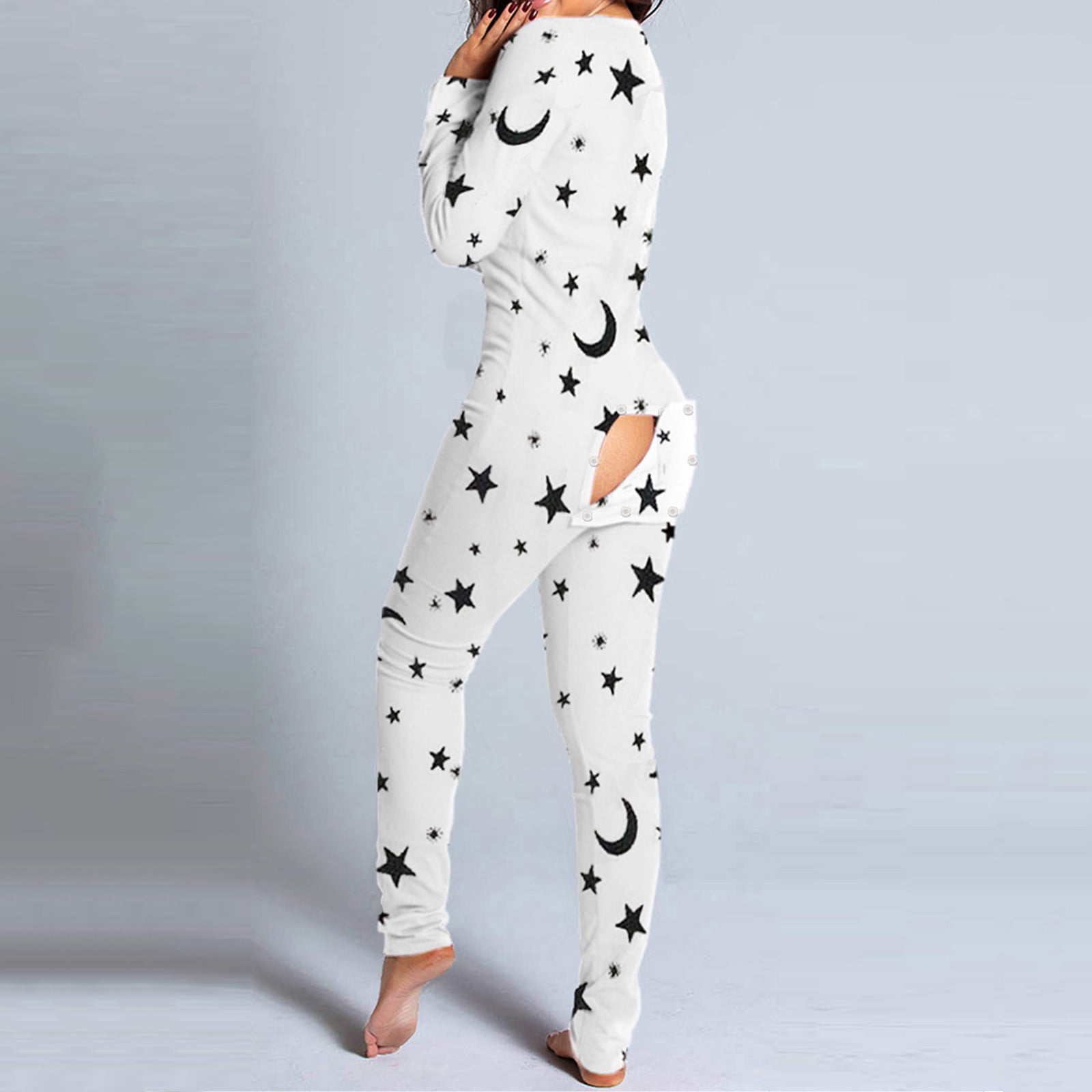Women Buttoned Flap Pajamas Onesies One Piece Jumpsuit Adults Button-Down Front Homewear Pajamas Sleepwear Pyjamas Playsuit 