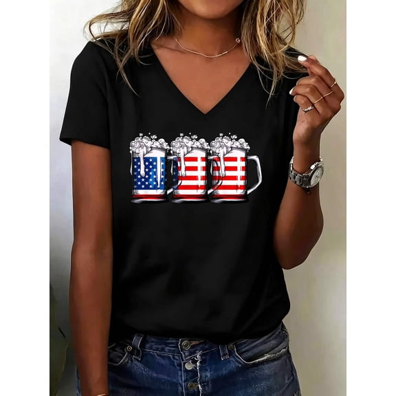 Beer American Flag 4th of July Men Women Merica Drinking USA V Neck T-Shirt Cotton V Neck Tee, Patriotic Shirt, USA Flag Graphic, Fourth of July Outfit