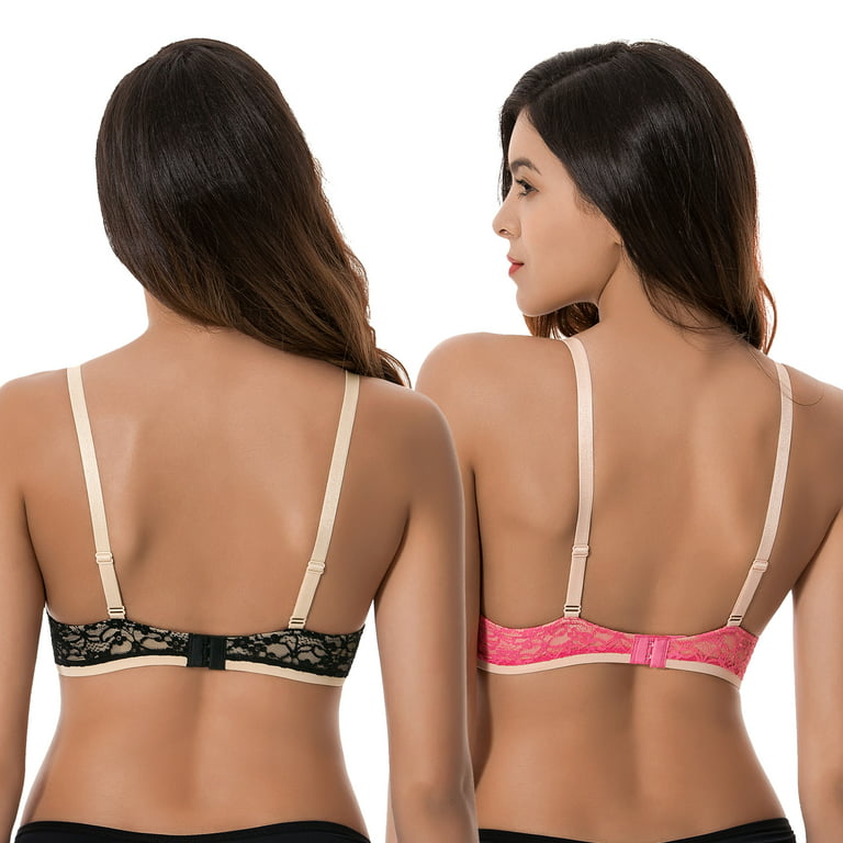 Curve Muse Women's Plus Size Perfect Shape Add 1 Cup Push Up Underwire Lace  Bras-2Pk-Dk Pink,Black-34C 