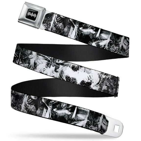 DC Comics Belt, Seatbelt Buckle Belt, Batman Poses Bat Shield Sketch White Black, 34 to 52 Inches